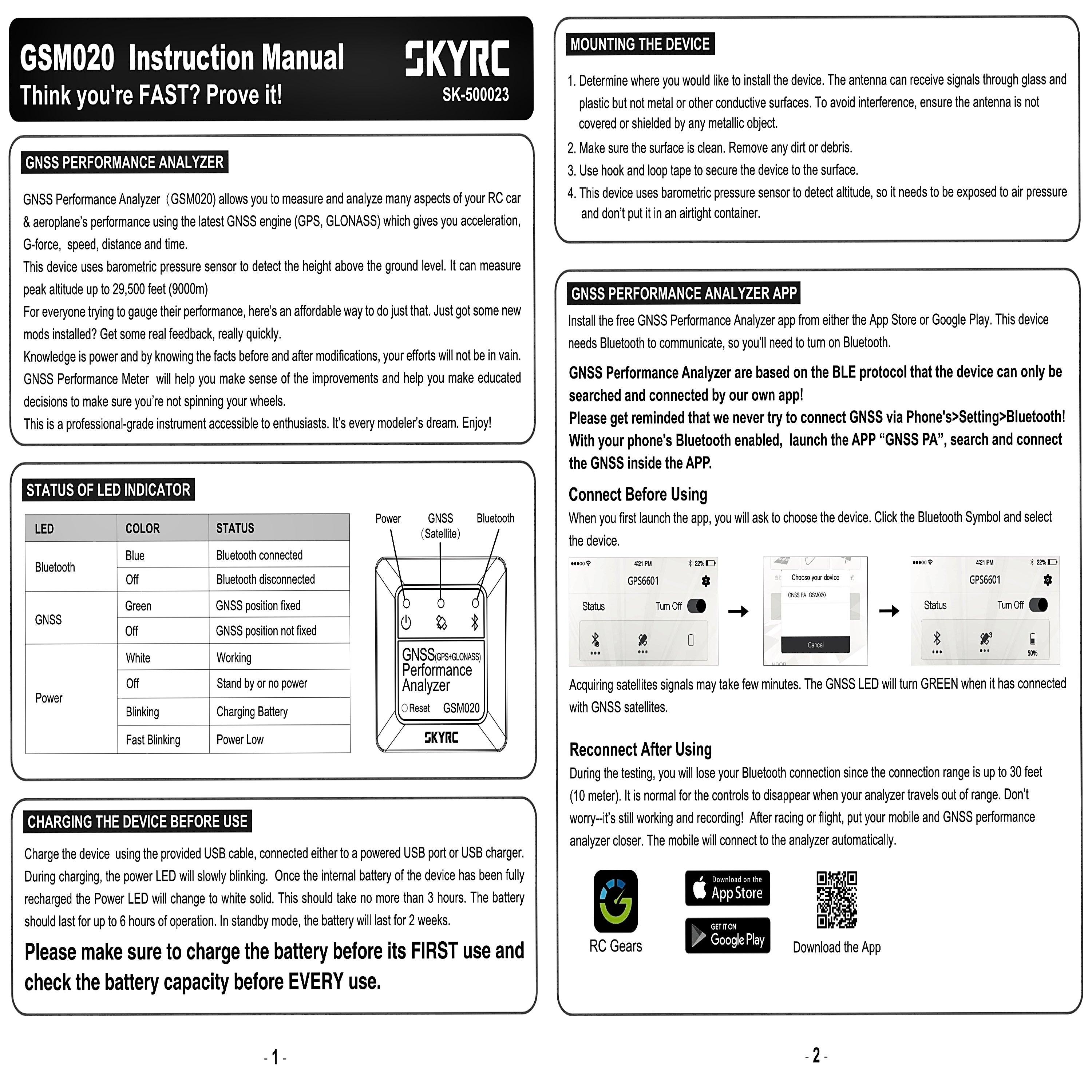 SKYRC GNSS Performance Analyzer Bluetooth GPS Speed Meter & Data Logger  GSM020 SK-500023
